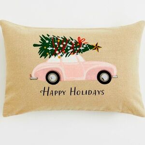 H&M Tan Holiday Pillow with Pink Car and Green Tree